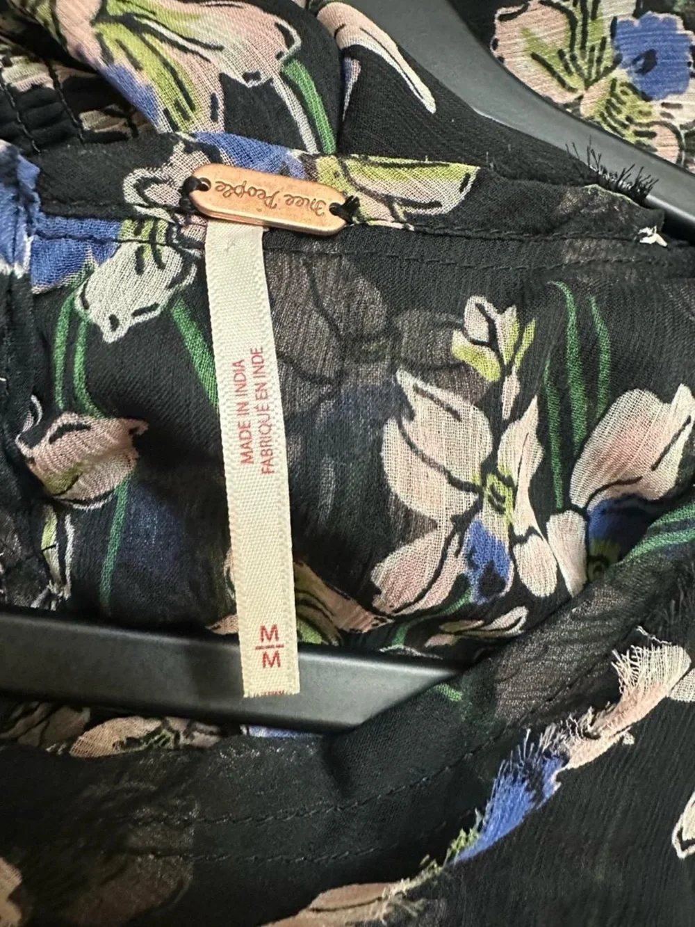 Free People Black Floral Ruffle Hem Mini Dress with Blue Accents